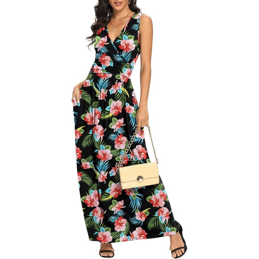 Women Hibiscus Black Deep V Neck Sleeveless Loose Plain Long Maxi Stretchy Dress